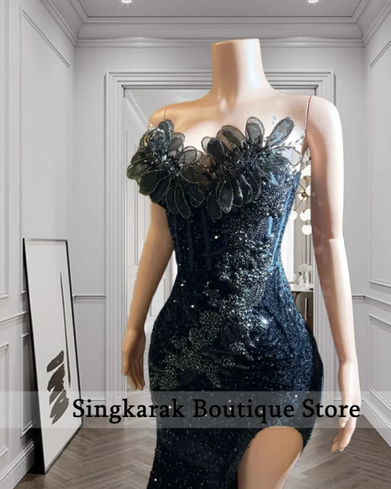 Black Strapless High Slit Floral Beaded Women