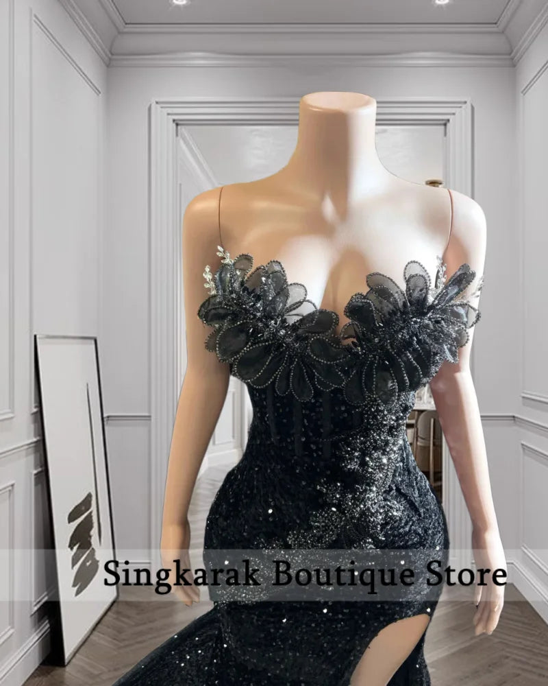 Black Strapless High Slit Floral Beaded Women