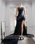 Black Strapless High Slit Floral Beaded Women